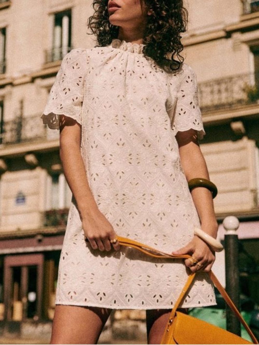 SEZANE Ecru Cream Boho Eyelet Embroidered Scalloped High Neck Mini Louison Dress